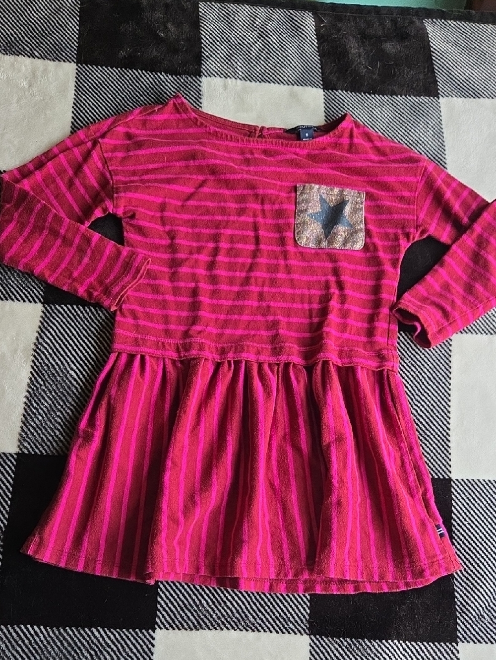 Nautica Girls Hot Pink Striped Long-Sleeve Dress Top with Sequin Star Pocket